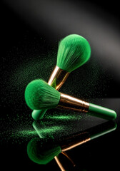 Two green makeup brushes with metallic handles on black background, green powder dust and reflective surface