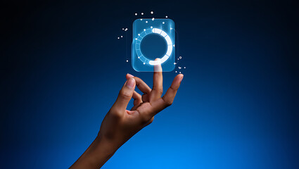 Close up of a finger touching a glowing digital interface displaying a circular icon with data streams against a dark blue gradient background