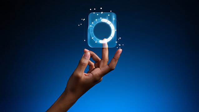 Close up of a finger touching a glowing digital interface displaying a circular icon with data streams against a dark blue gradient background