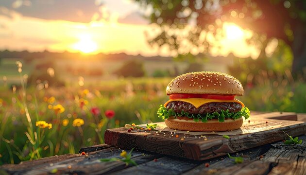 Juicy Cheeseburger With Lettuce Tomato And Sesame Seed Bun Rests On Rustic Wooden Board In A Field Of Wildflowers During Golden Hour Sunset