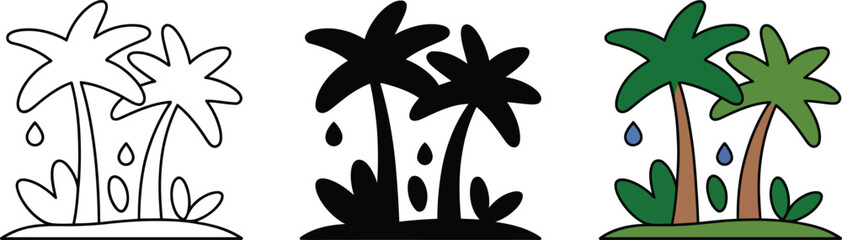 Tropical rainforest palm trees with dripping water droplets illustration set vector isolated on transparent background.