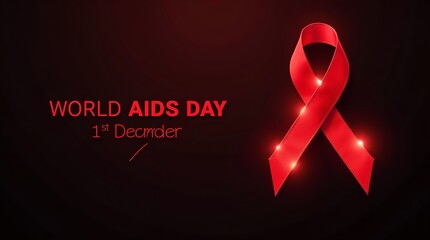 Modern World AIDS Day poster showcasing a vibrant red ribbon illuminated with subtle glow effects, stylish “1st December” lettering, clean composition, and rich dark backdrop for strong visual 