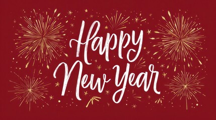 Happy new year celebration with golden fireworks on a festive red background