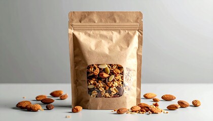 Kraft Paper Stand Up Pouch With Clear Window Displaying Nutritious Granola Mix Scattered On A Light Gray Surface With Almonds And Candied Nuts