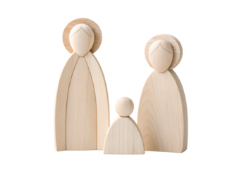 Three wooden holy family figures with circular halos design, isolated on a transparent background