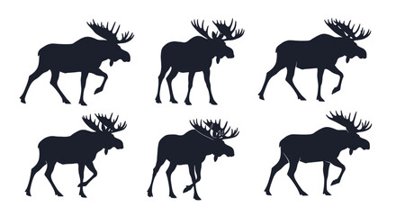 Obraz premium A collection of six stylized dark moose silhouettes with characteristic large antlers, depicted in various walking poses against a pristine white background.