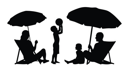 Family beach vacation silhouette with umbrellas and deck chairs