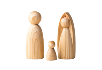 Wooden nativity figurines with rounded and pointed head designs, isolated on a transparent background