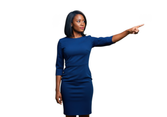 A confident professional woman in a blue dress points with her right hand towards the right side isolated on transparent background