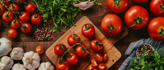 Fresh tomatoes, garlic, spices and herbs on a wooden table create an atmosphere of home comfort and healthy eating, ideal for a culinary blog as a bright background.