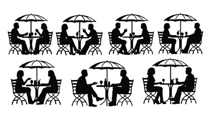 Romantic outdoor cafe silhouettes couples dining and conversation