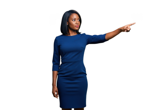 A confident professional woman in a blue dress points with her right hand towards the right side isolated on transparent background