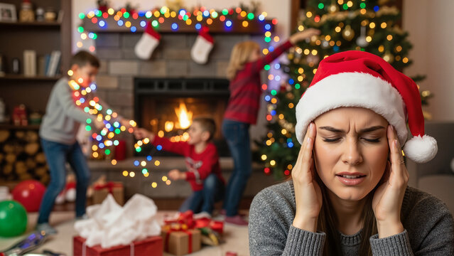 Stressed mother during Christmas preparation with playful children for holiday parenting articles and stress relief content