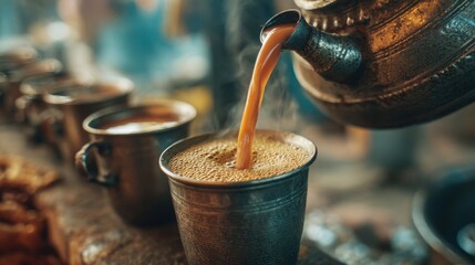Pouring hot masala chai tea from a traditional kettle into a cup
