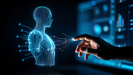 Close up of a human hand interacting with a glowing blue digital human body model in a futuristic technological environment