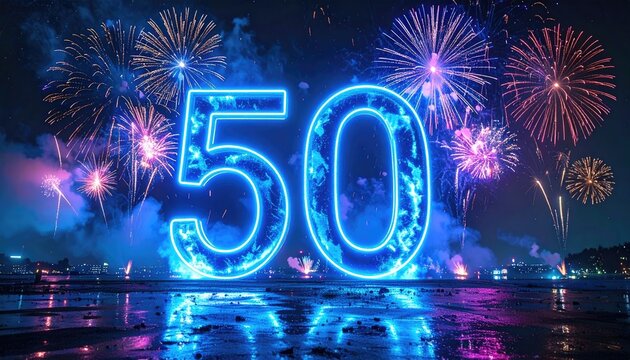 Large Neon Blue Number 50 Illuminated Against a Night Sky Filled with Vibrant Fireworks and Reflecting on Wet Ground Below