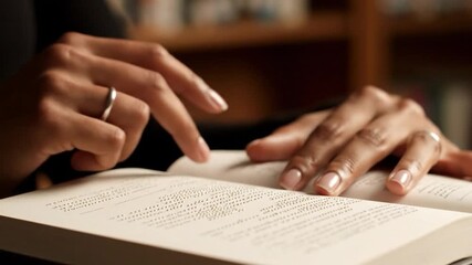 Hands reading a braille book, illuminated in warm light, focused and intent - Powered by Adobe