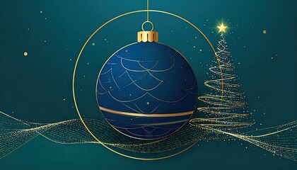 Elegant Christmas Ornament and Tree with Golden Sparkles on Teal Background.