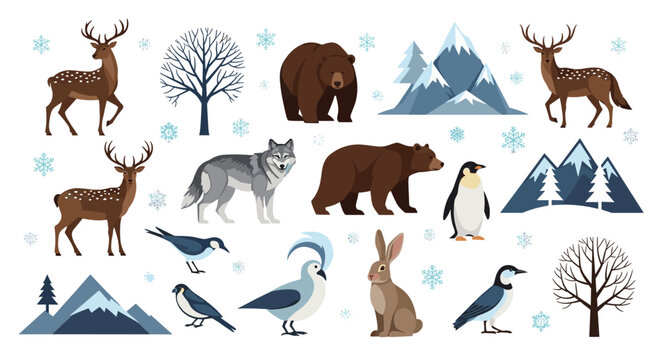 Colorful illustration of winter animals, including deer, bears, wolves, and birds, with snowy mountains, bare trees, and falling snowflakes.