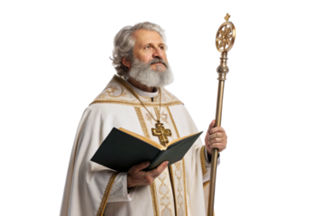 Religious figure in white ceremonial robes holding staff and book, isolated on a transparent background