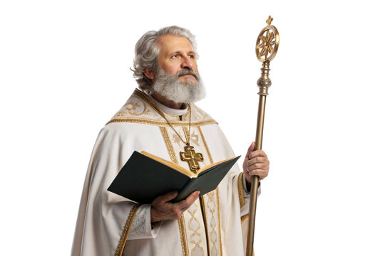 Religious figure in white ceremonial robes holding staff and book, isolated on a transparent background