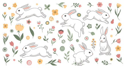 Naklejka premium Whimsical springtime pattern with adorable white rabbits surrounded by a colorful array of blooming flowers and natural foliage.