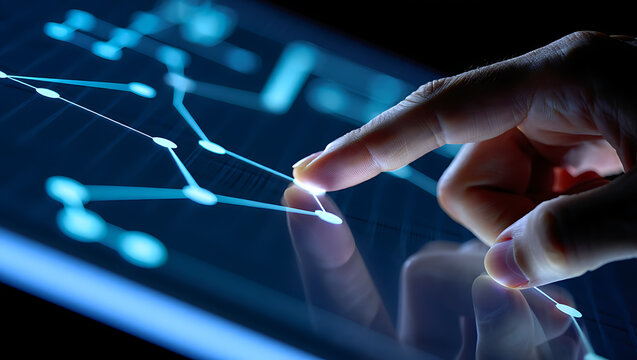Close up of a human finger interacting with a glowing digital network graph on a futuristic dark touchscreen display