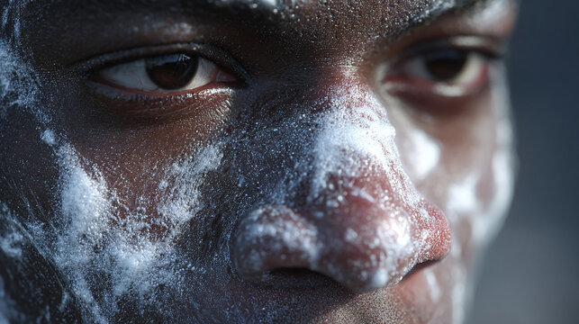 Close-up of a person's face partially covered in a white substance, with intense eyes looking forward