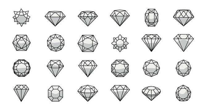 A comprehensive collection of various diamond cuts and facets, presented as minimalist line art icons with subtle shading, ideal for design projects.