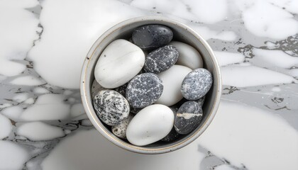 Elegant spa stones in neutral tones create a calming zen atmosphere for wellness promotions and mindful living concepts with sophisticated marble backdrop