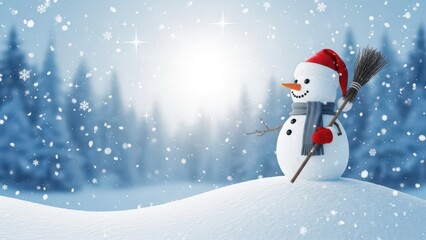 Charming snowman standing in a snowy winter wonderland scene with forest background and falling snowflakes