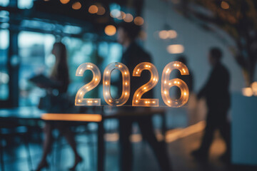 Illuminated 2026 sign in a modern office space symbolizing the future year with blurred business people in the background