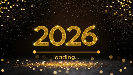 Golden 2026 loading bar with sparkles and bokeh lights
