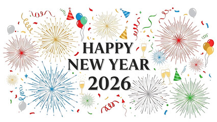Cheerful Happy New Year 2026 Celebration Graphic with Fireworks and Party Elements