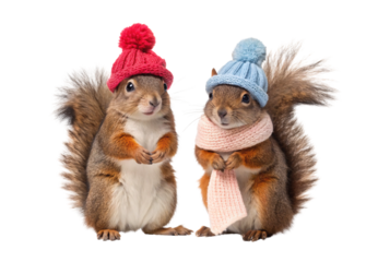 Two adorable squirrels wearing knitted winter hats and scarves, isolated on a transparent background