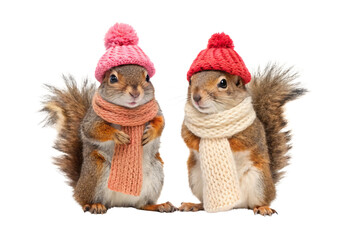 Fototapeta premium Two adorable squirrels wearing knitted winter hats and scarves, isolated on a transparent background