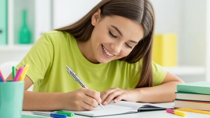 Happy teenage student writing in notebook at her desk. Smiling young girl doing homework or studying for exam