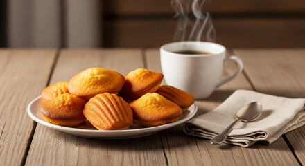 Plate Of Classic Madeleines With Hot Coffee