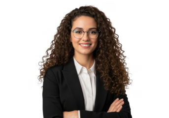 Professional young woman with curly hair wearing glasses and a black blazer smiling confidently isolated on transparent background