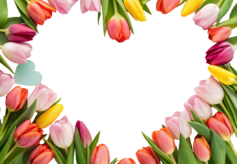 Vibrant tulip border with mixed colors creating elegant floral frame, isolated on a transparent background
