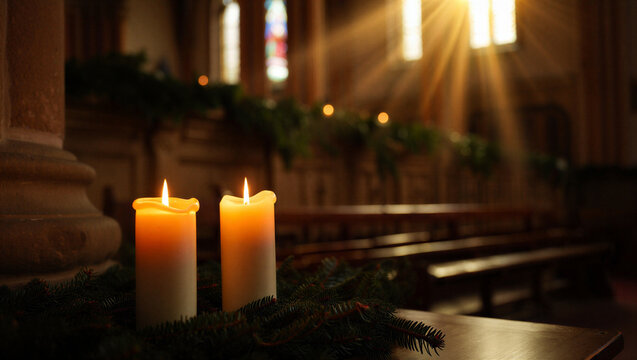 Warm candlelight illuminates the interior of a dimly lit church with sunbeams streaming through stained glass windows Second Day of Advent - Powered by Adobe