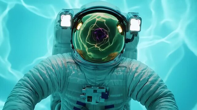 Surreal Turquoise Astronaut Toy with Green Cyclopean Helmet Floating Against Electric Neon Background
