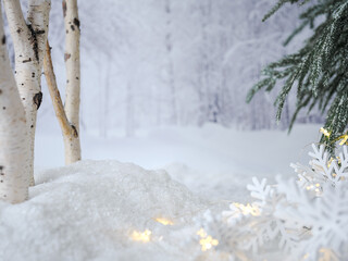 White winter season scenery background in field of snow with birch and pine trees, snowflakes, twinkle fairy lights, blurry backdrop trees and bokeh. Christmas card to custom personalize.
