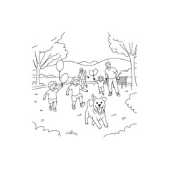 Obraz premium Children Playing with Balloons and a Dog in a Park A Simple Black and White Illustration