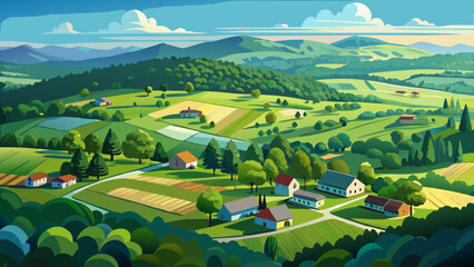 Very beautiful aerial view of expansive green forests and scattered homes near rural Tennessee, capturing lush summer foliage, open fields, and a peaceful countryside atmosphere under clear skies.