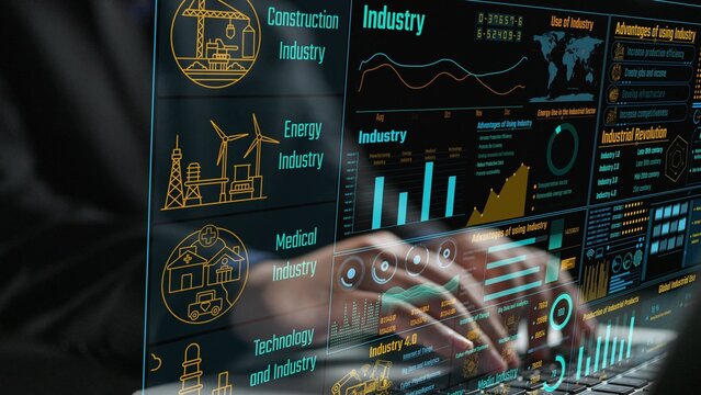 A modern technology dashboard illustrating various industry insights, showcasing data visualizations related to construction, energy, medical, and technology sectors. Cipher