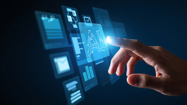 Close up of a human finger touching a glowing digital screen displaying complex data and futuristic interface elements in a dark environment