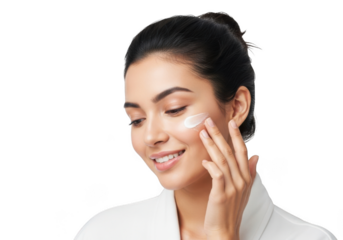 Young woman applying a delicate cream to her eye area with a gentle touch isolated on transparent background