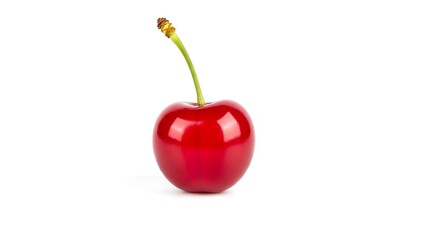 Glossy Red Cherry with Stem on White Background Studio Shot.