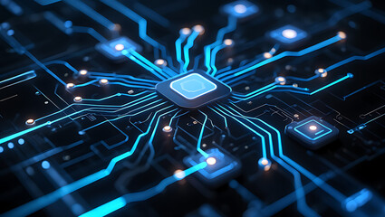 Close up of a glowing blue central processing unit and intricate circuit board pathways representing advanced technology and digital data flow
